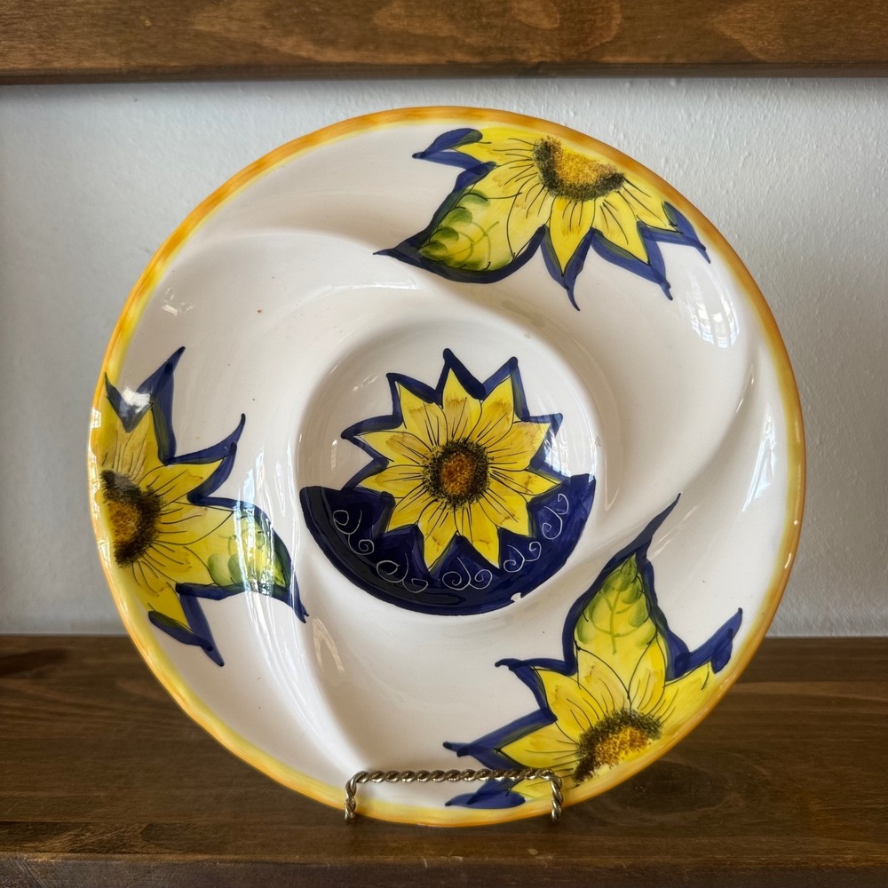 Hand‎ Painted Ceramic Sunflower Chip and Dip Platter Round 10 Inch Serving Tray